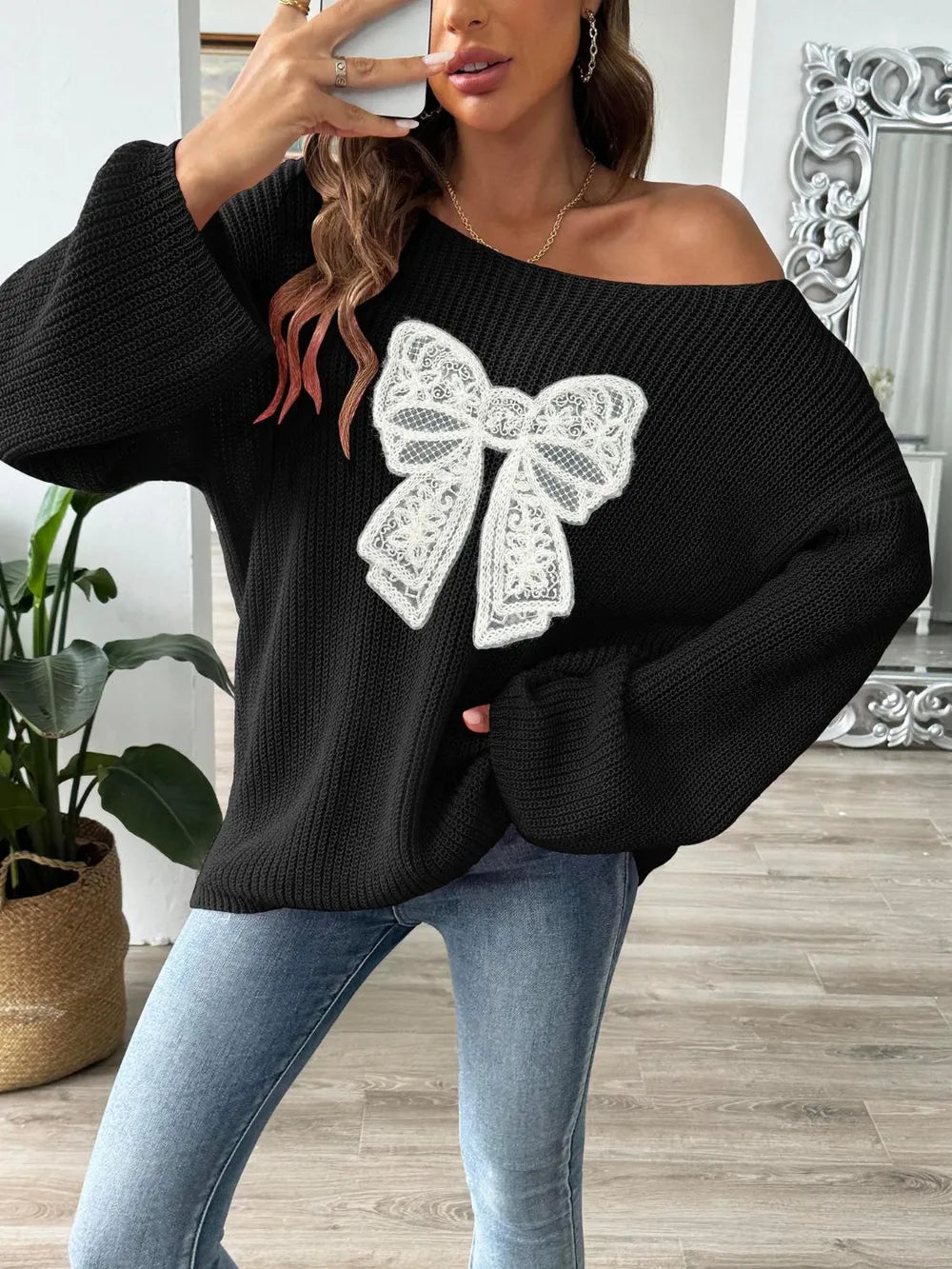 Bow Boat Neck Long Sleeve Sweater - Lilixa.store