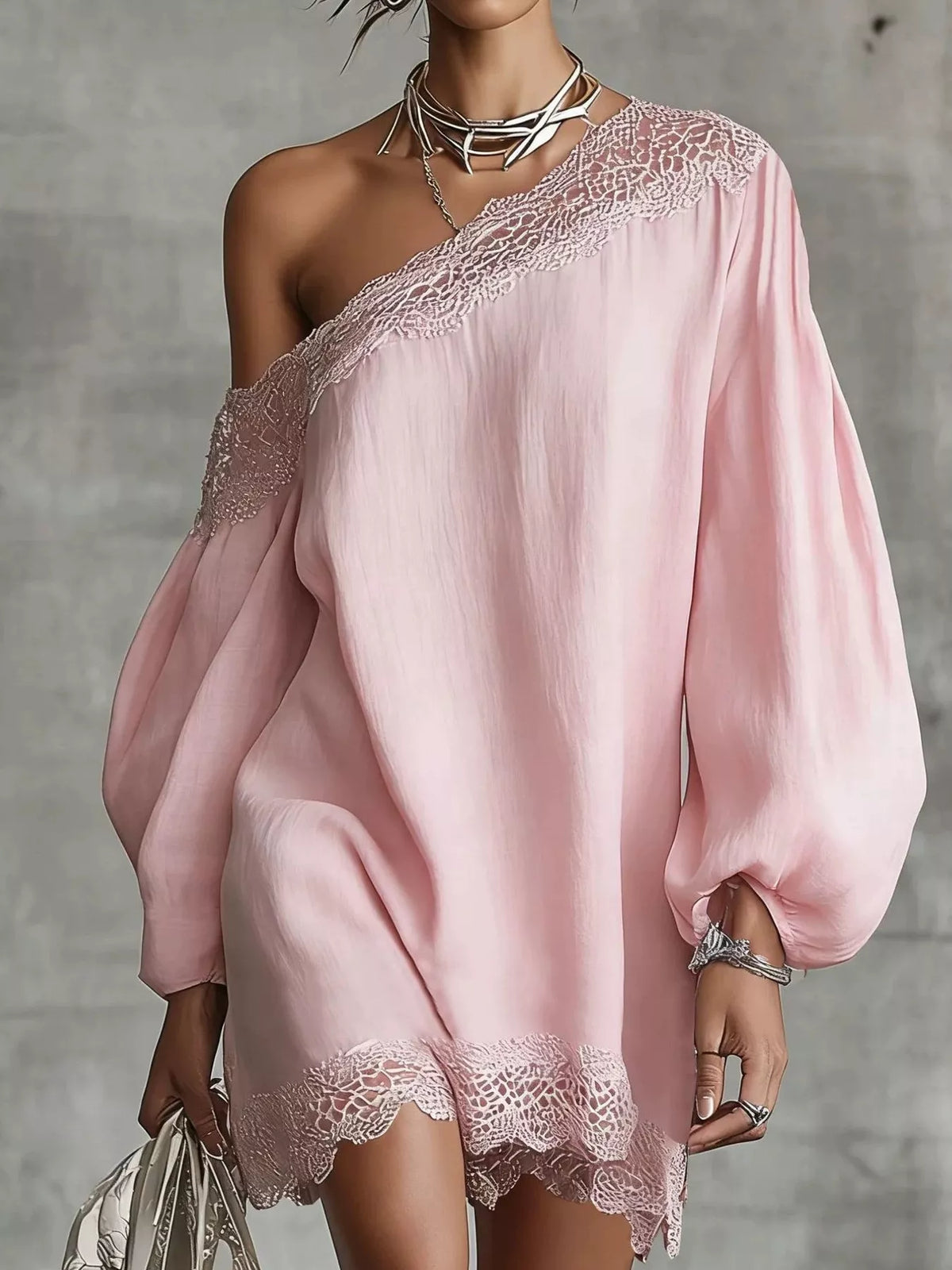 One-Shoulder Lace Trimmed Puff Sleeve Mini Dress - Lilixa.store