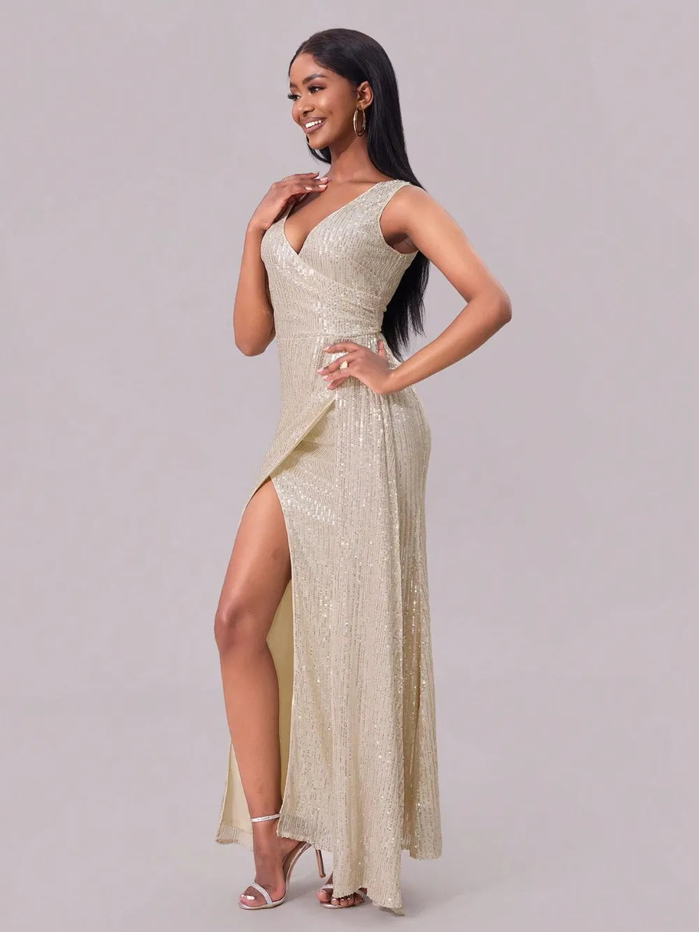 Slit Sequin Surplice Sleeveless Maxi Dress - Lilixa.store