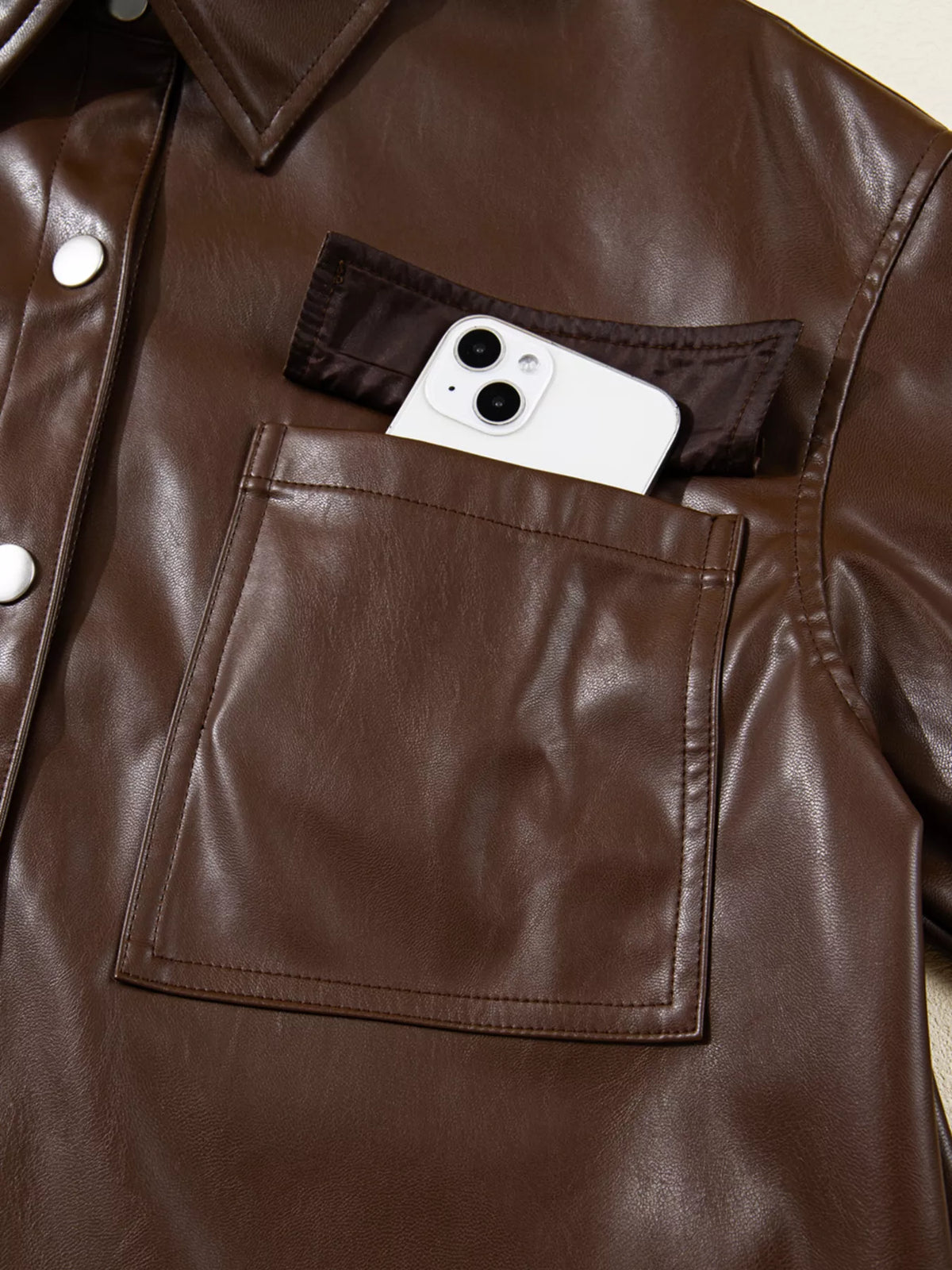 Double Flap Pocket Drawstring Hem Leather Jacket in Dark Brown, view 13