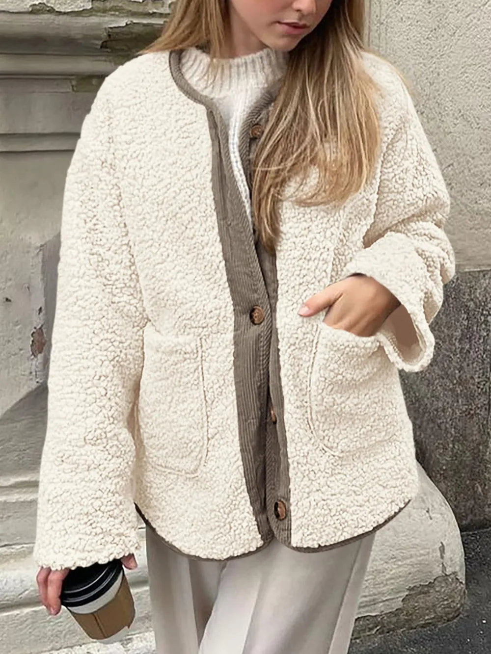 Contrast Button Up Sherpa Jacket with Pockets, view 2