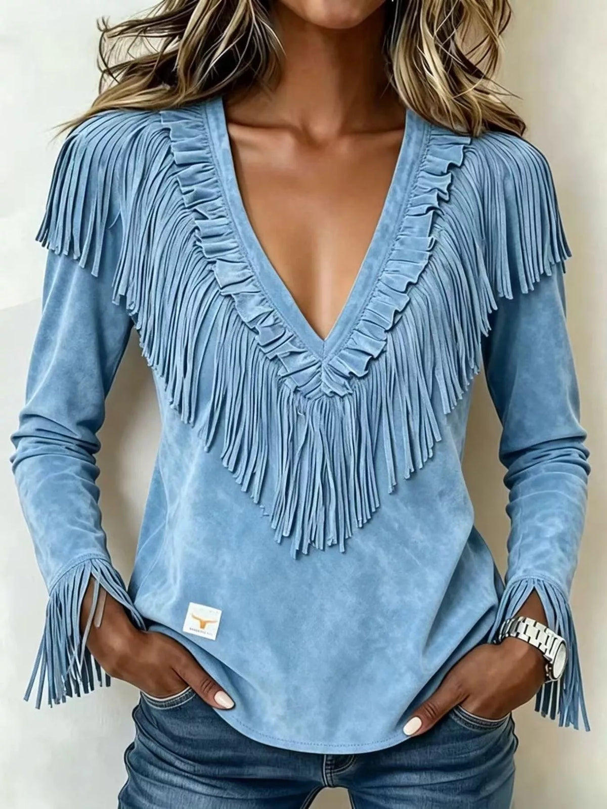 Fringed V-Neck Blouse