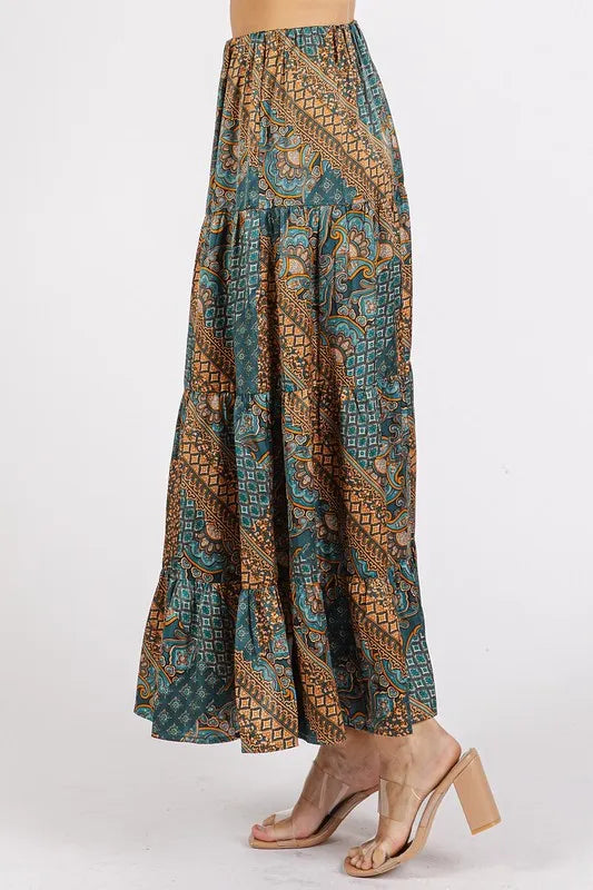 Mittoshop Paisley Patchwork Print Satin Maxi Skirt in Teal Green, view 2