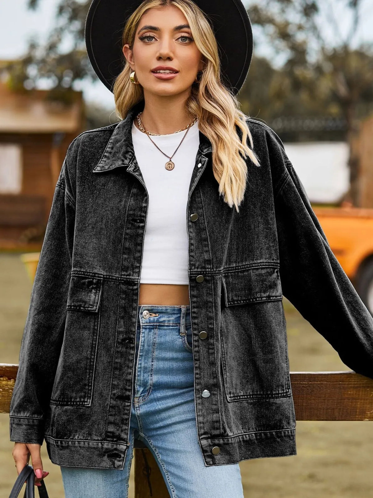 Oversized Button Up Denim Jacket with Hood, view 13