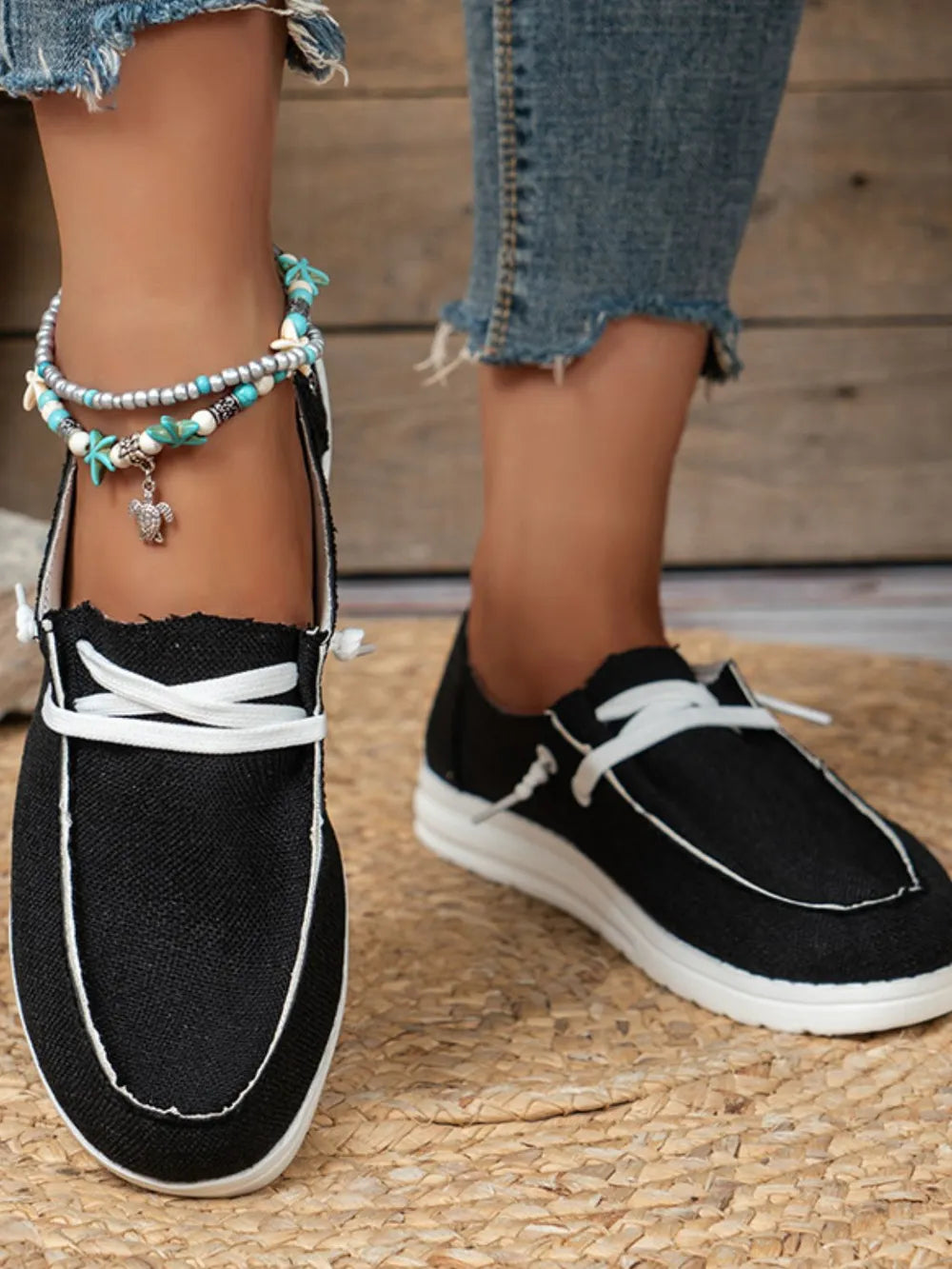 Lace Up Round Toe Slip-Ons in Black