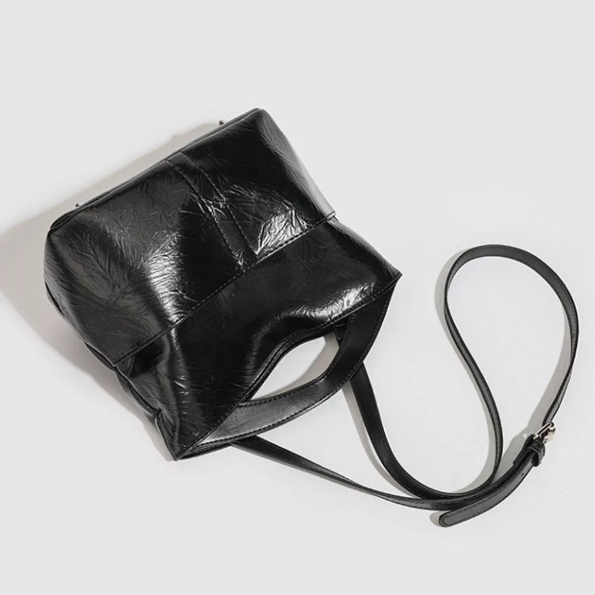 Glossy Patent Leather Minimalist Tote Handbag in Black, view 2