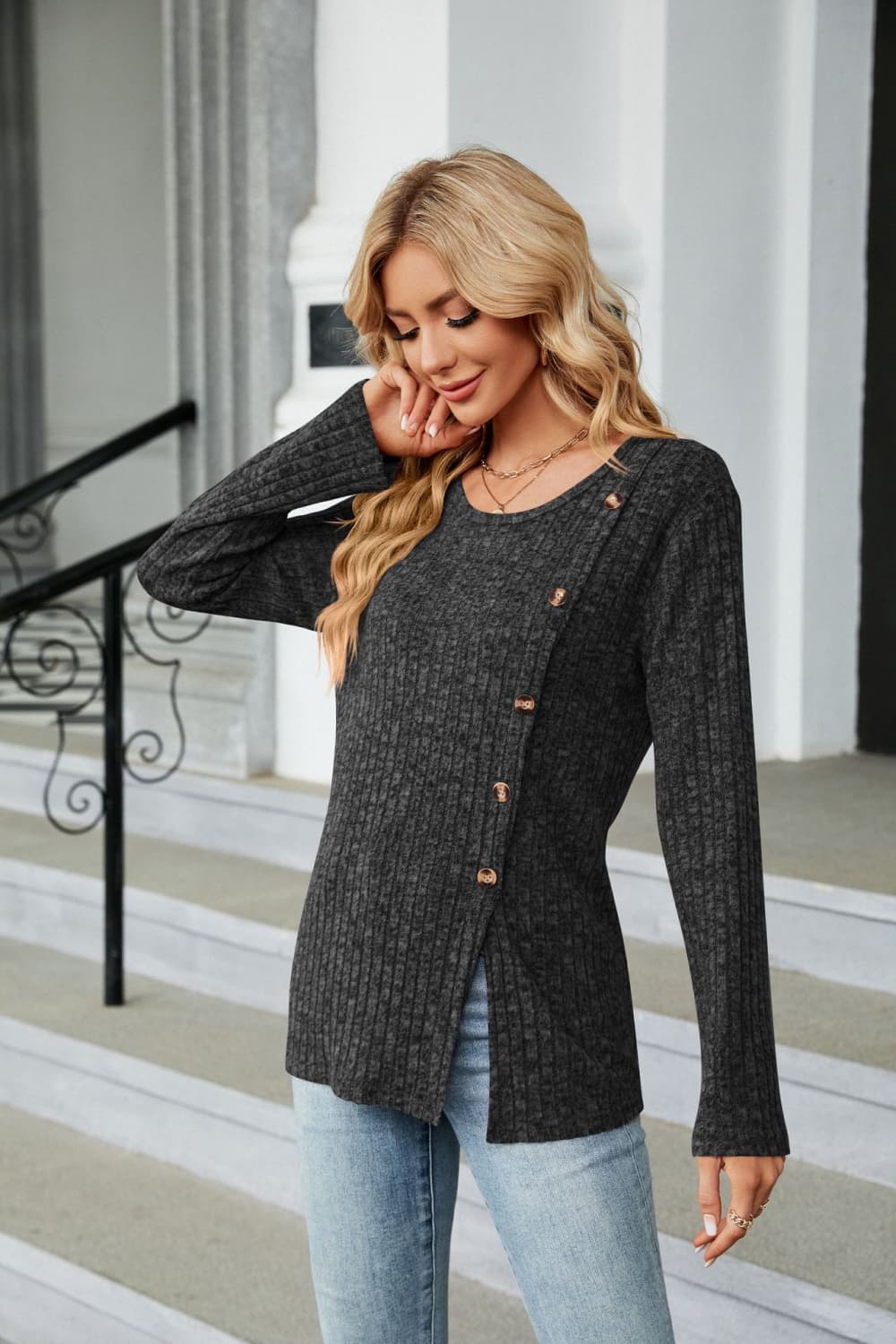 Buttoned Long Sleeve Slit Top, view 9