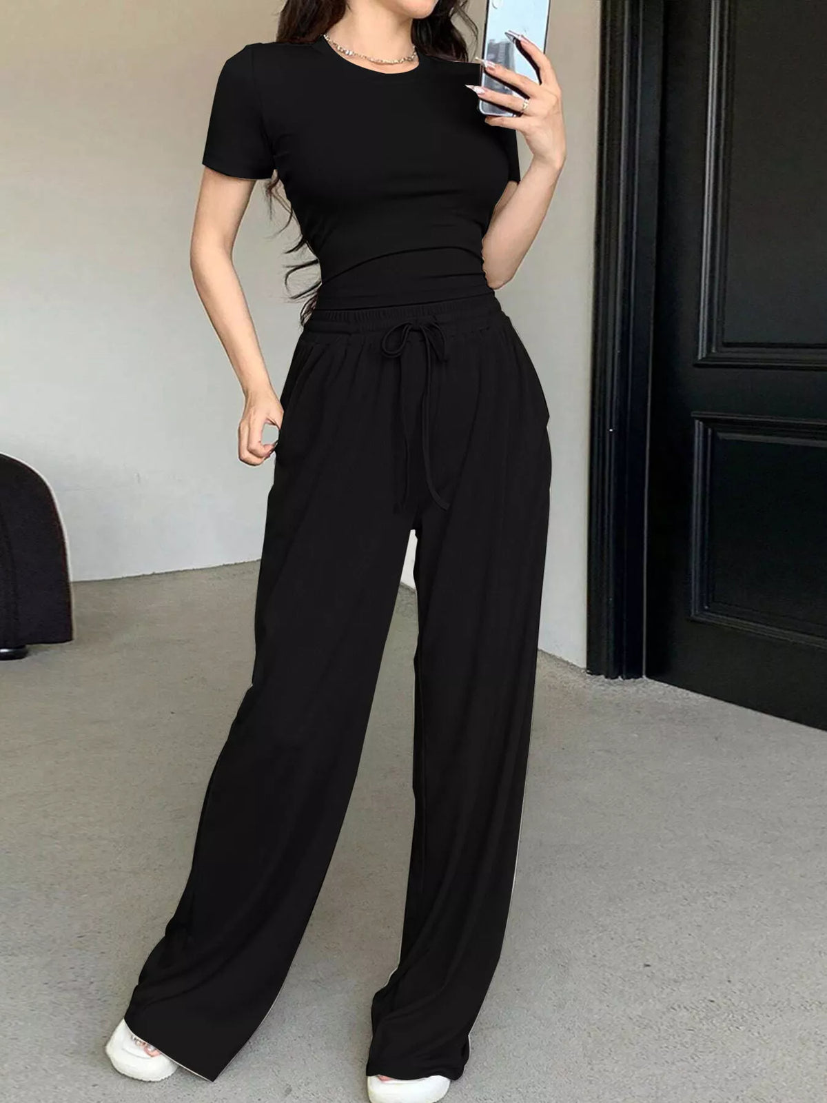 Solid Color Short Sleeve Crop Top and Wide Leg Pants Set - Lilixa.store