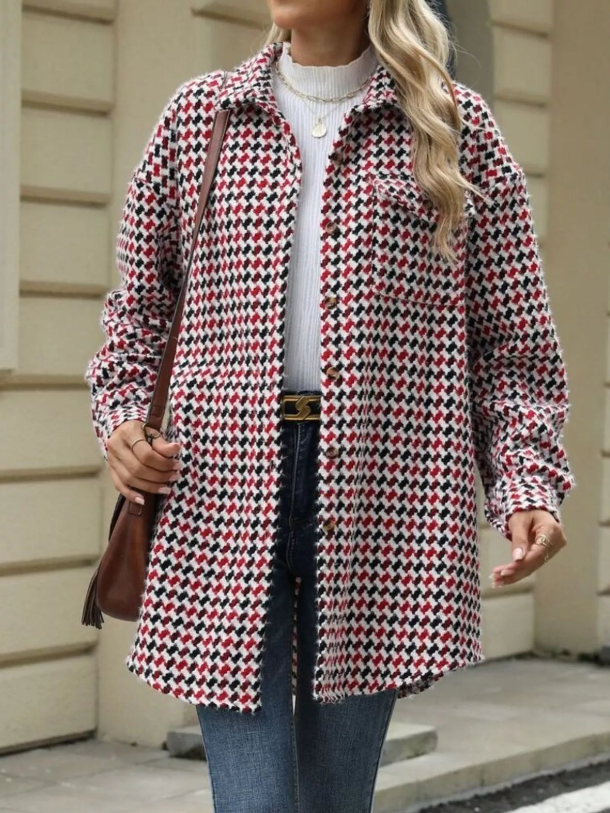 Houndstooth Button Up Long Sleeve Coat, view 10