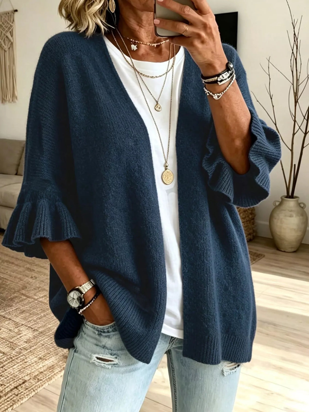 Full Size Ruffle Sleeve Open-Front Cardigan Plus Size - Lilixa.store