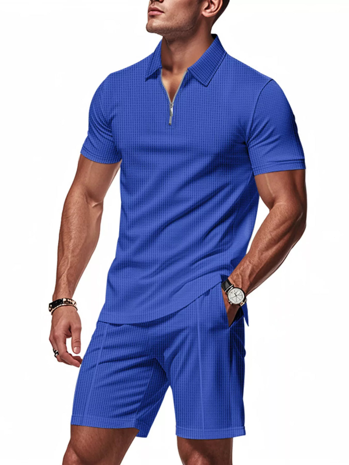 Men's Plus Size Quarter Zipper Polo Shirt and Shorts Set