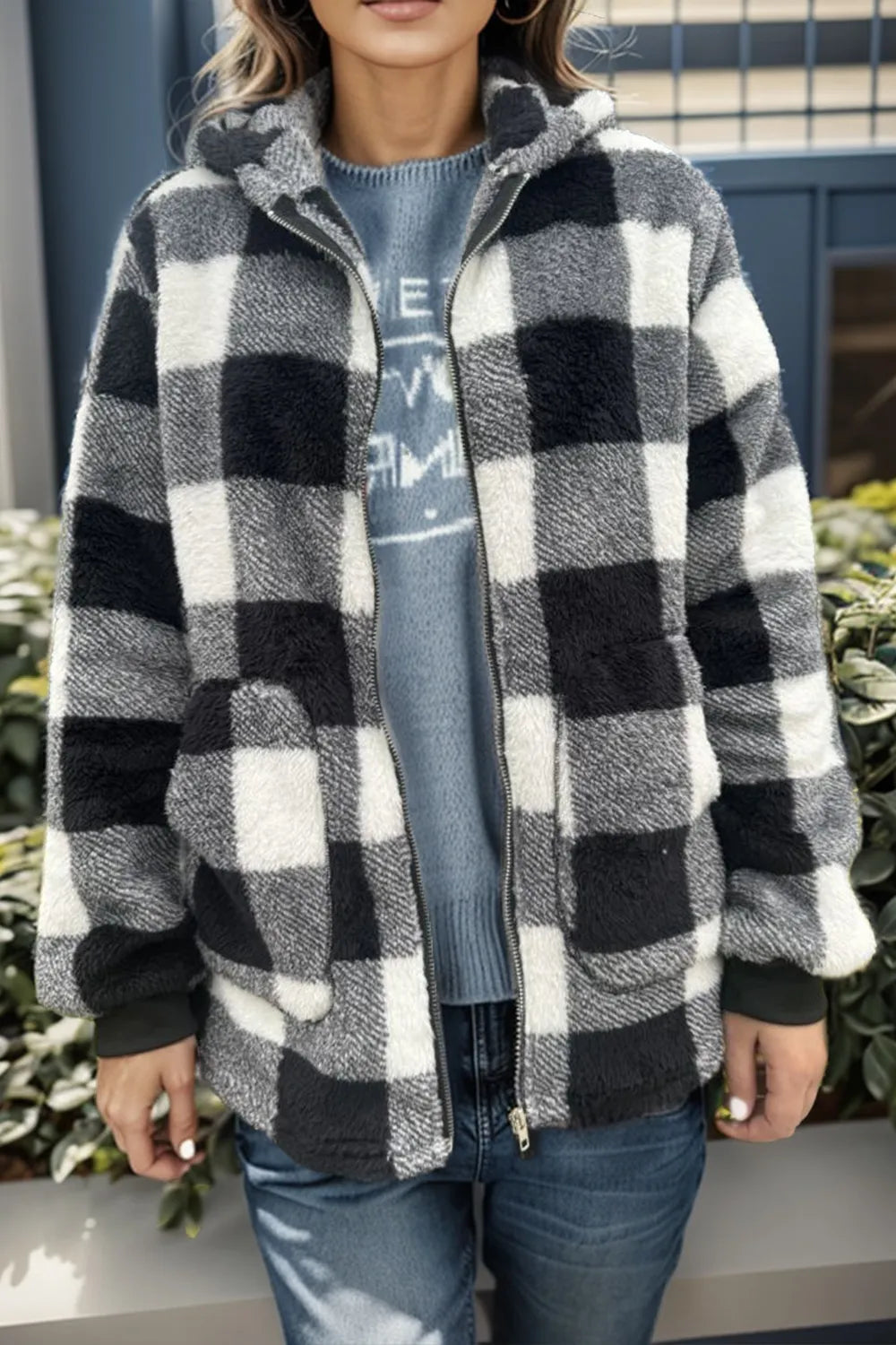 Double Take Full Size Check Fuzzy Sherpa Hooded Zip Up Teddy Winter Coat with Pockets Plus Size - Lilixa.store