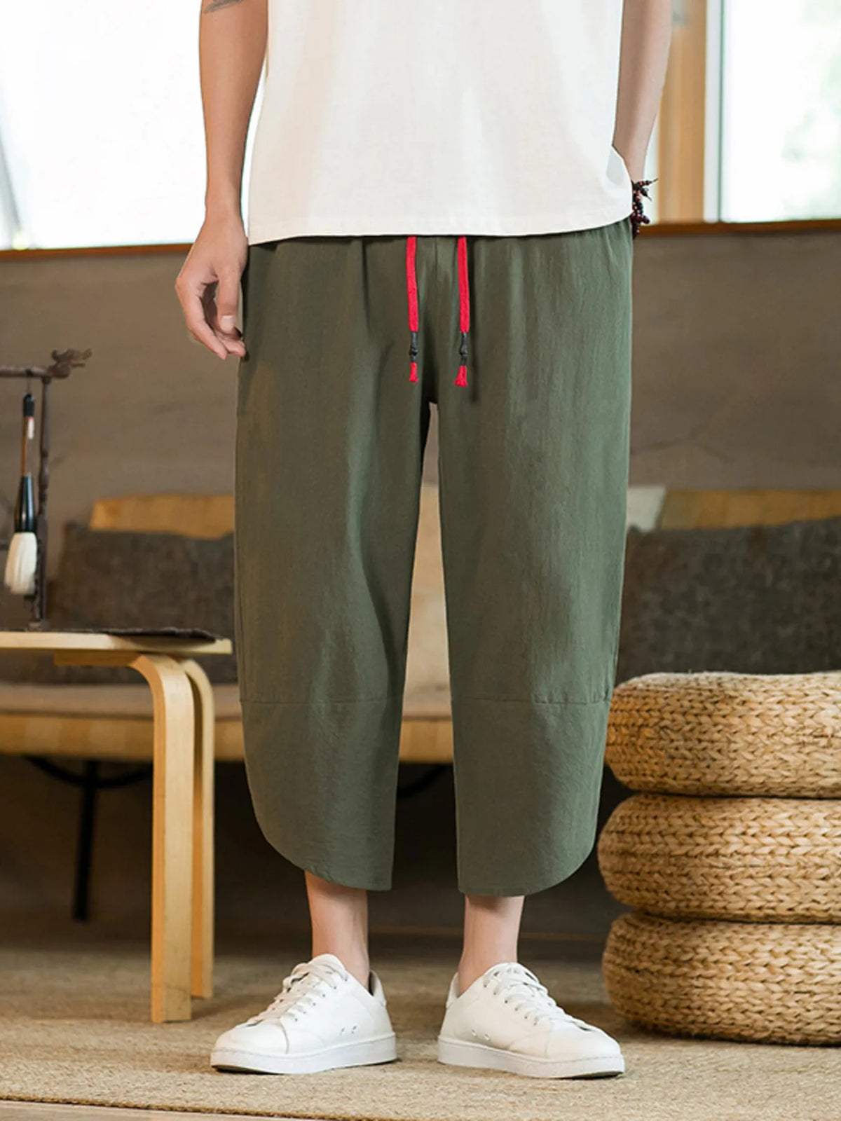 Men's Plus Size Casual Linen Cropped Pants with Drawstring in Army Green