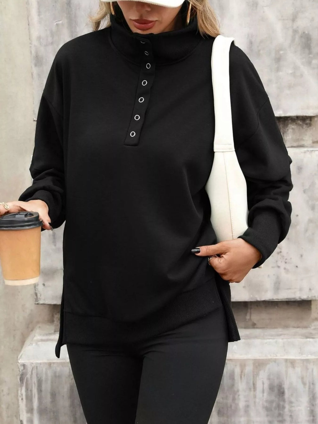 Side Slit Half Snap Sweatshirt - Lilixa.store