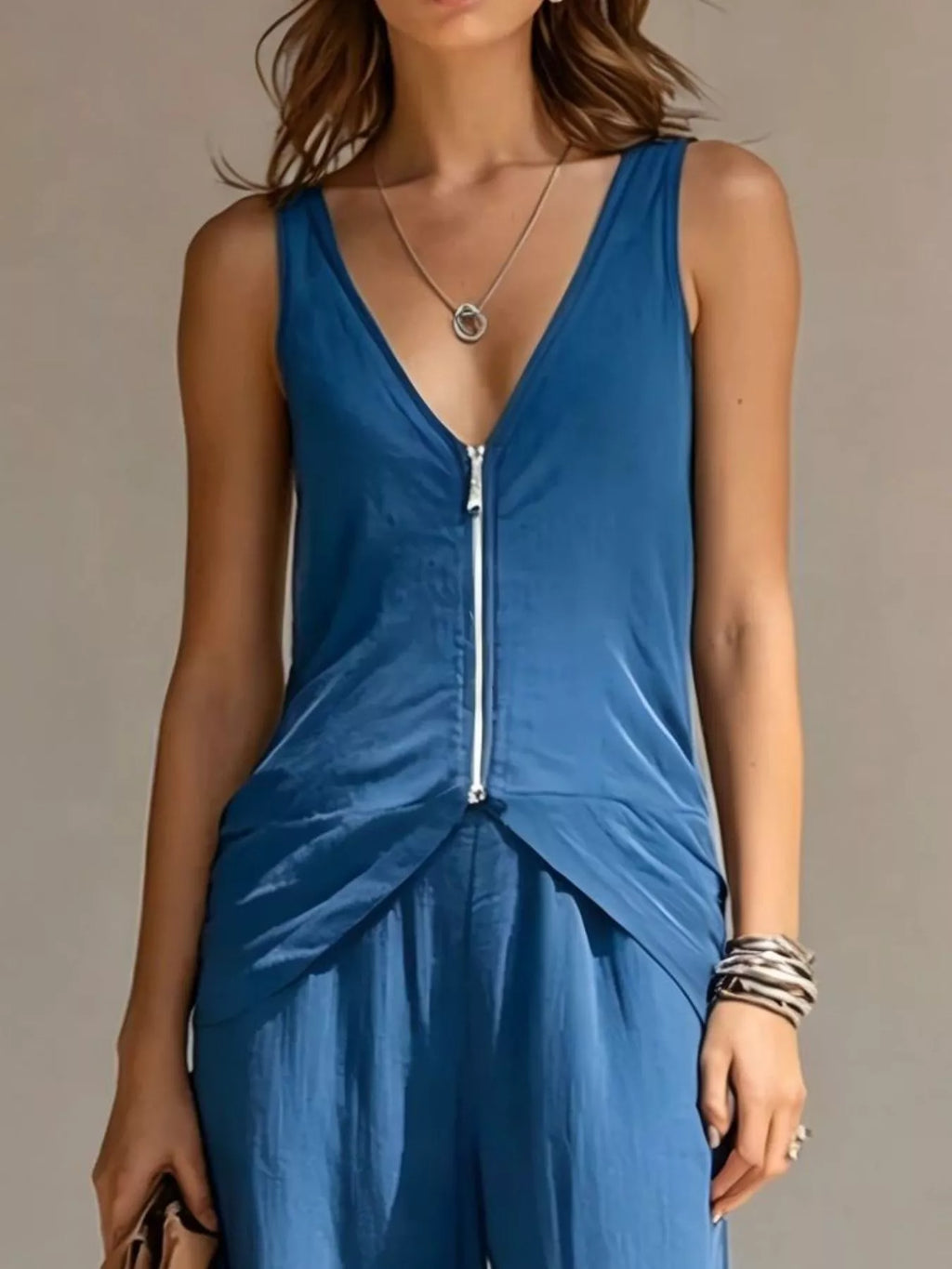 Full Size Zipper Front Tank and Wide-Leg Pants Set Plus Size - Lilixa.store