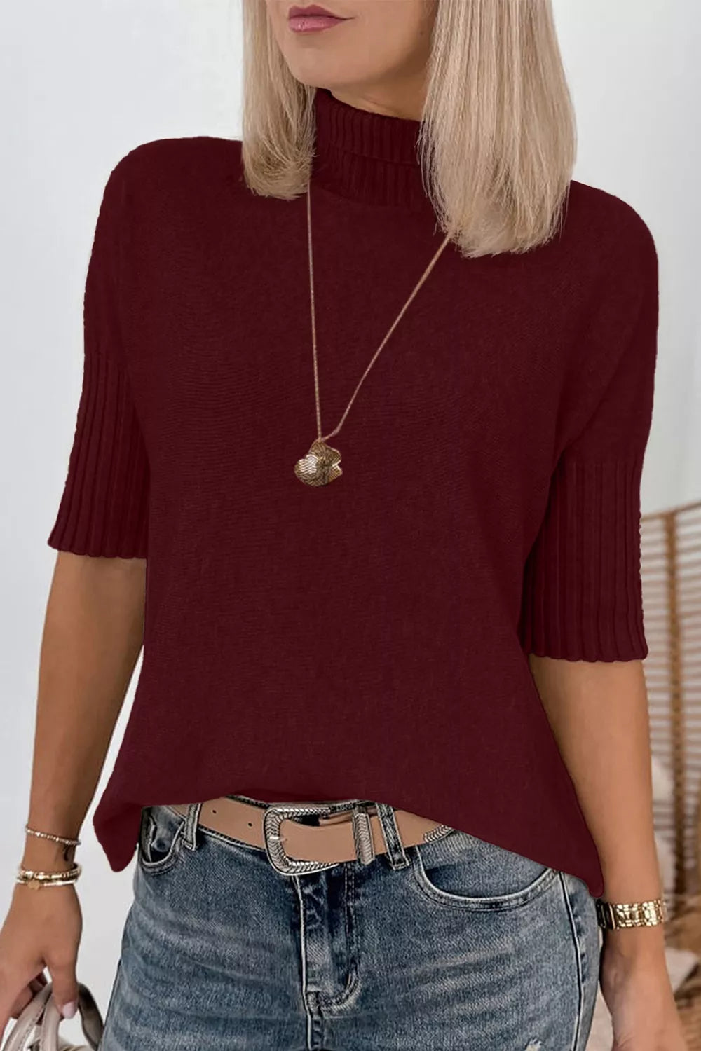 Mock Neck Half Sleeve Ribbed Sweater