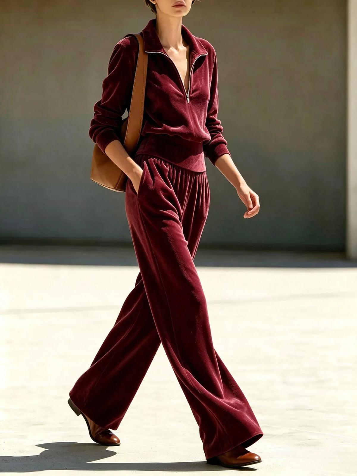 Full Size Quarter-Zip Top and Wide-Leg Pants Set Plus Size in Burgundy