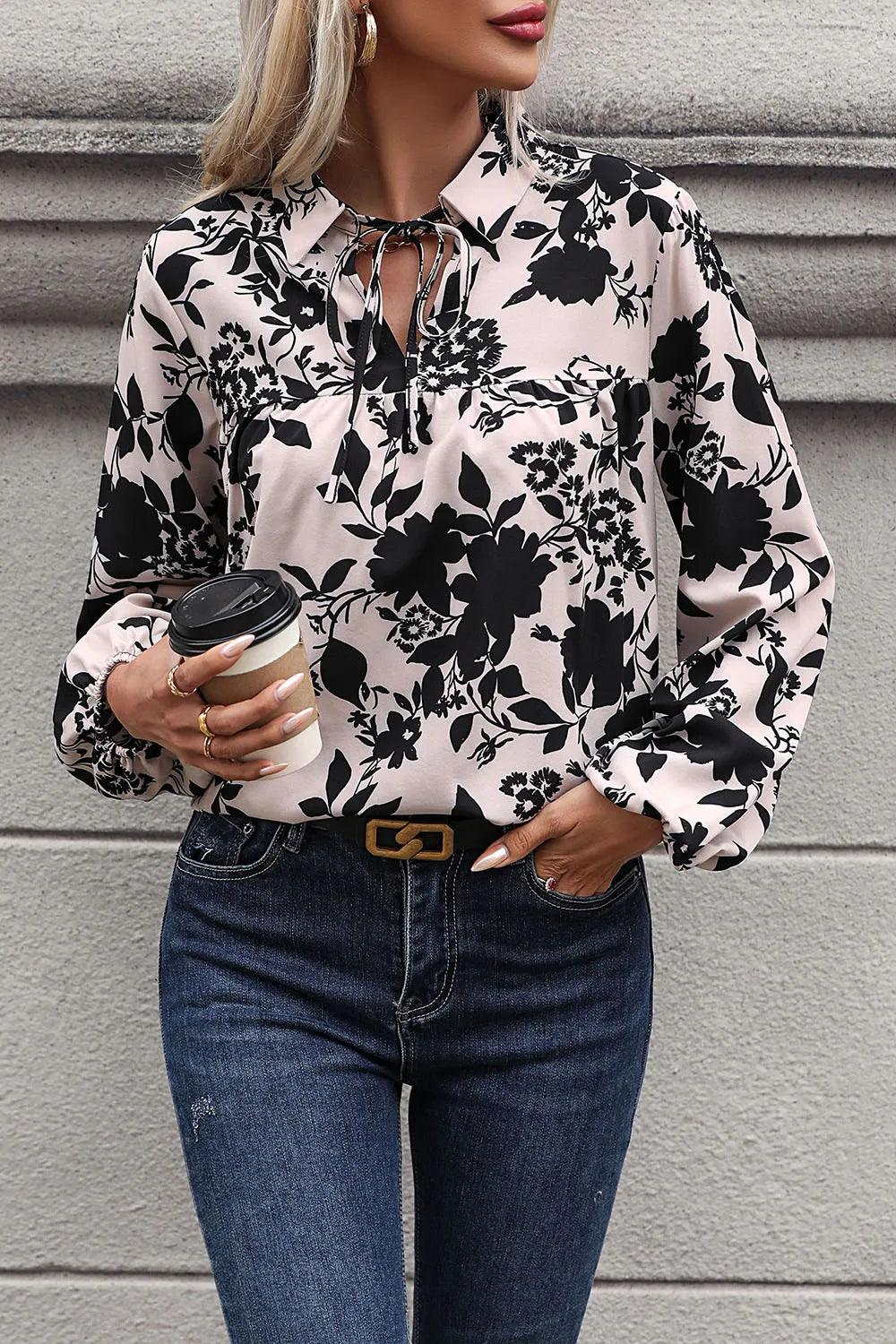 Perfee Printed Tie Neck Balloon Sleeve Blouse - Lilixa.store
