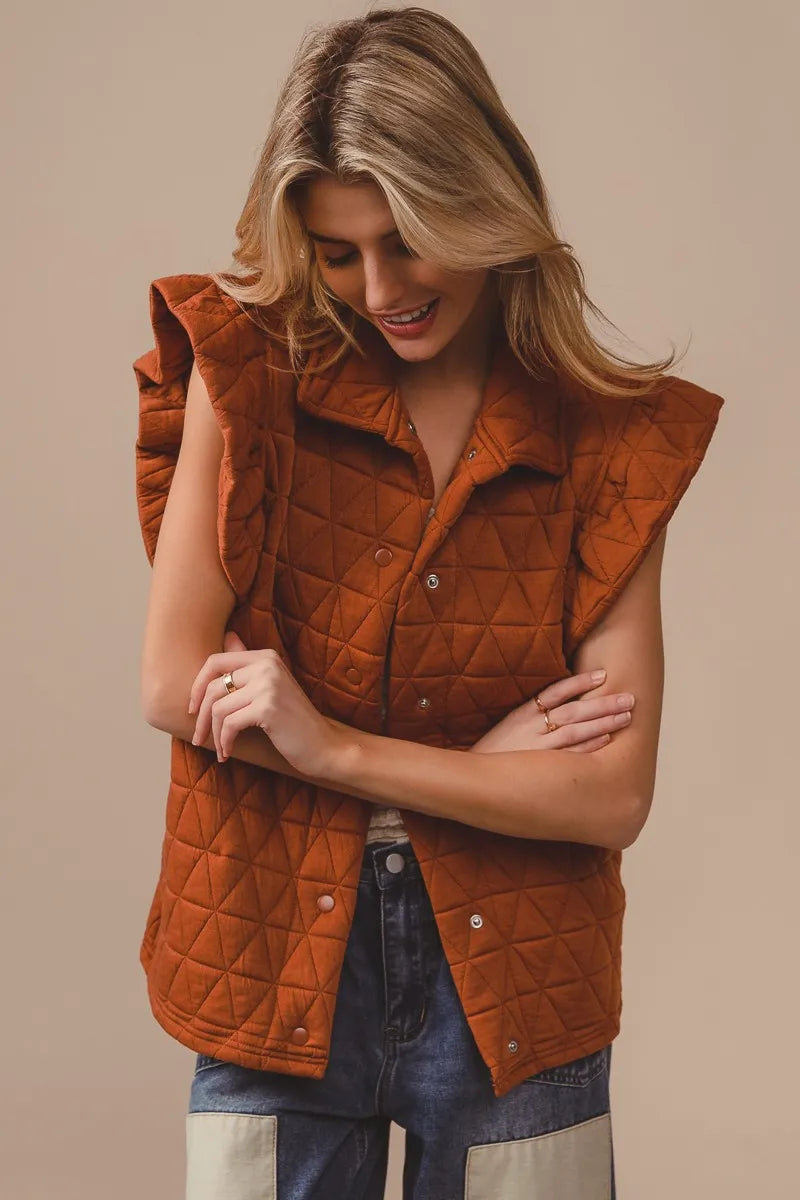 BiBi Quilting Knit Ruffle Sleeve Vest in Rust, view 5