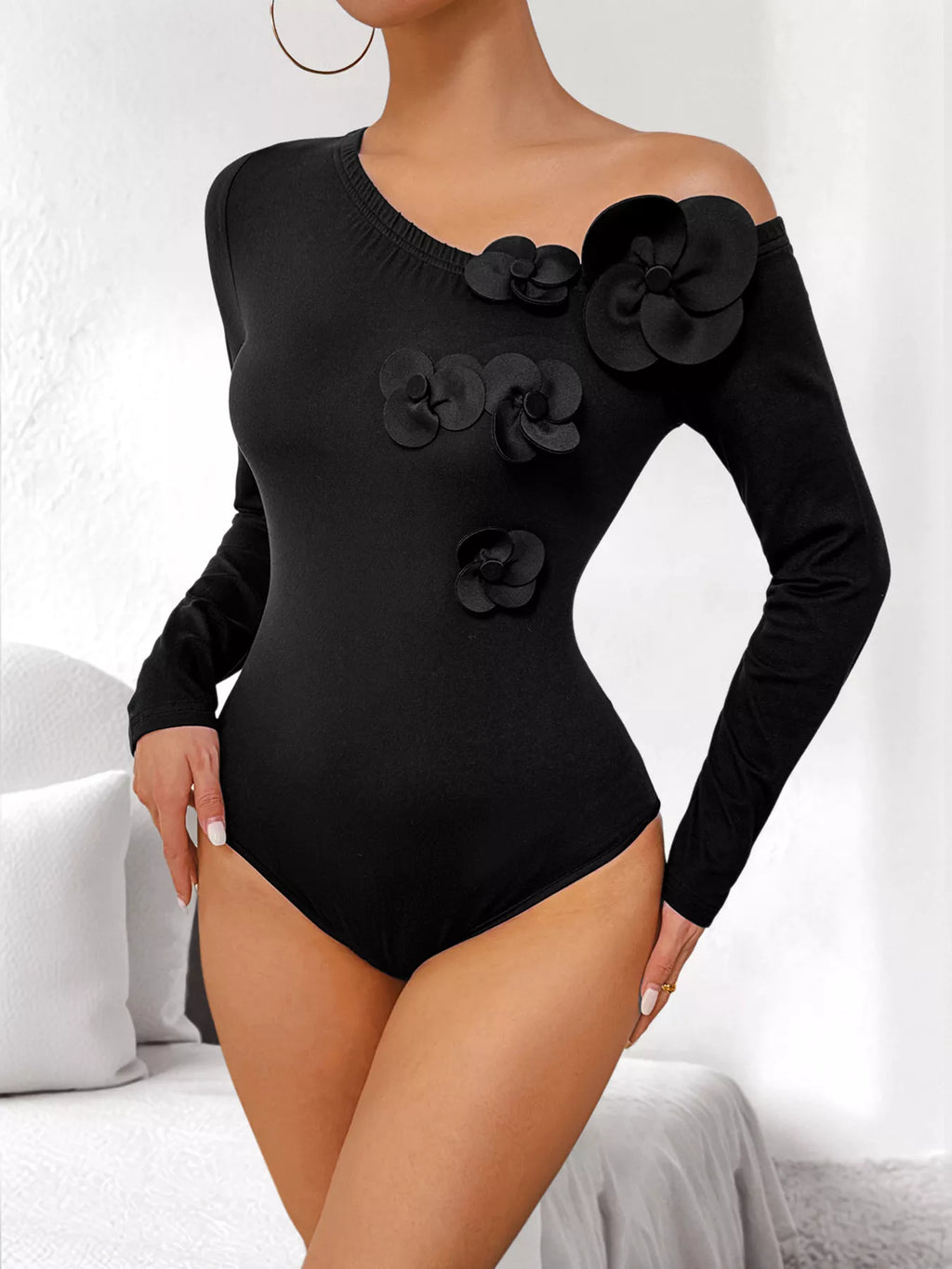 Flower One Shoulder Long Sleeve Bodysuit - Lilixa.store
