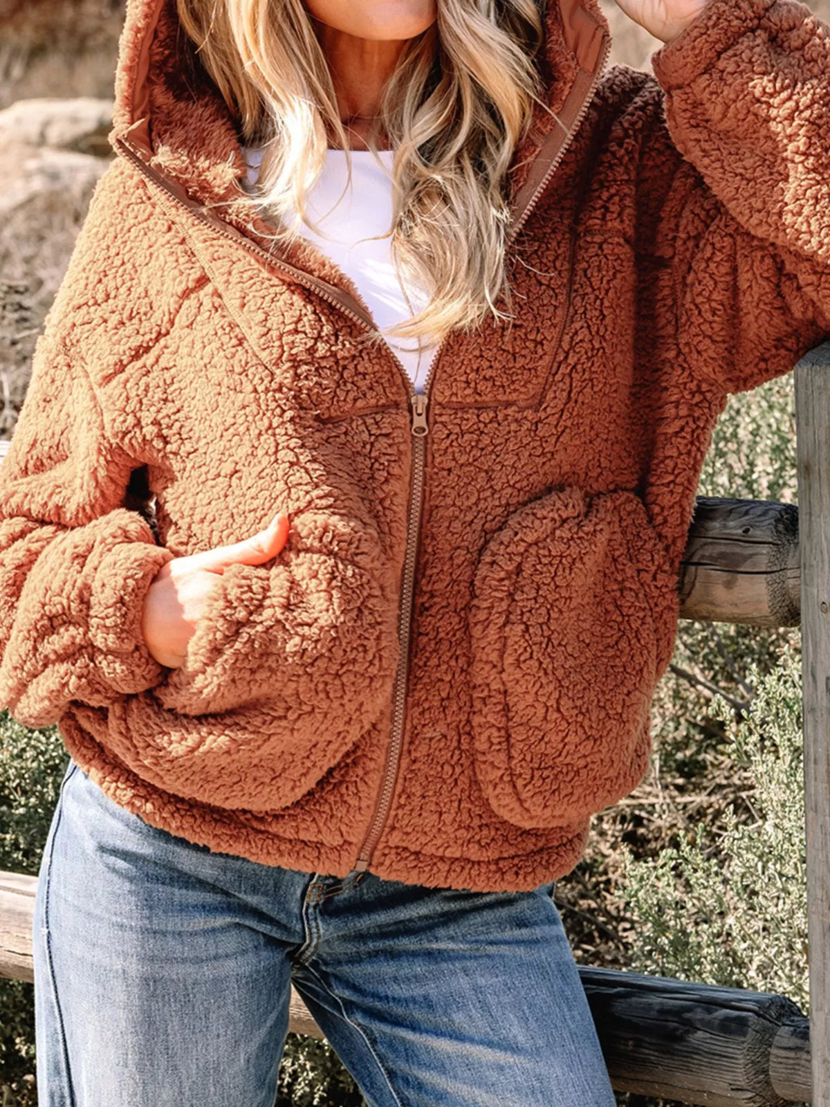Zip Up Hooded Sherpa Jacket in Caramel, view 5