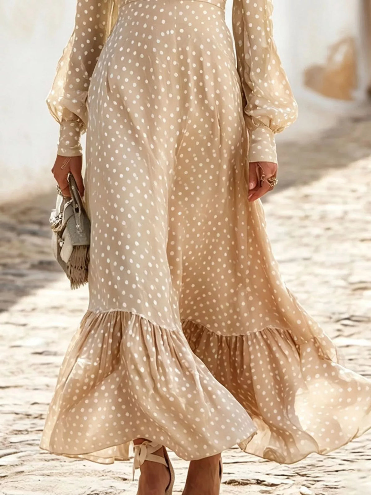 Full Size Polka Dot Ruffle V-Neck Maxi Dress Plus Size - Lilixa.store