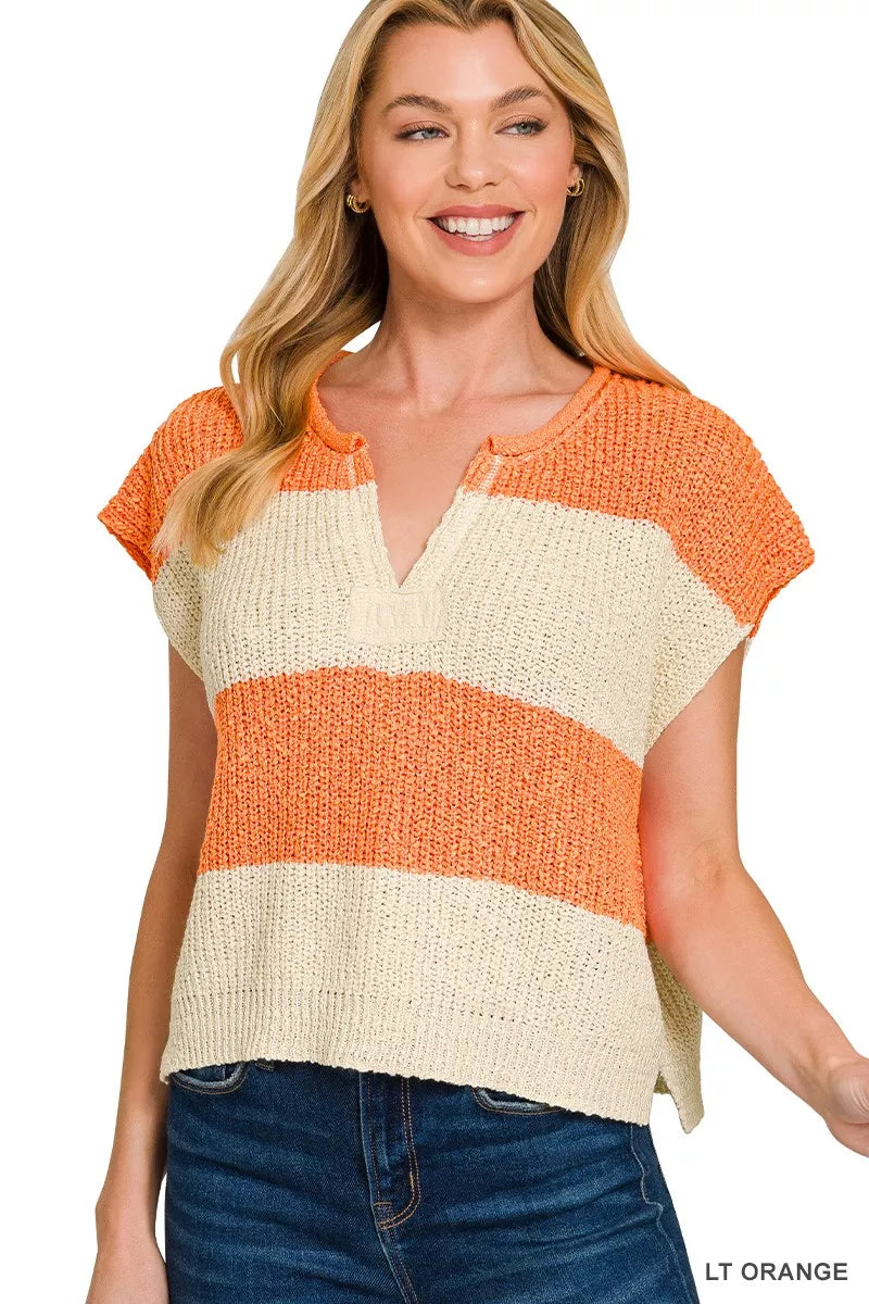 Zenana Split Neck Sleeveless Stripe Sweater