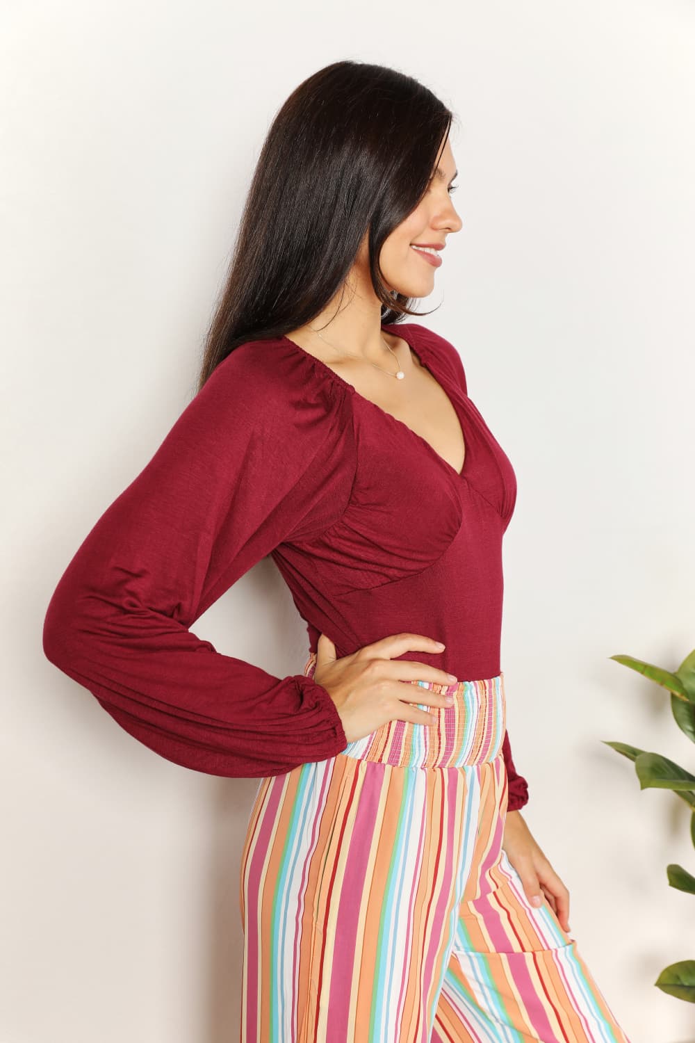 Culture Code Full Size Heart Neck Poet Sleeve Bodysuit in Burgundy, view 9
