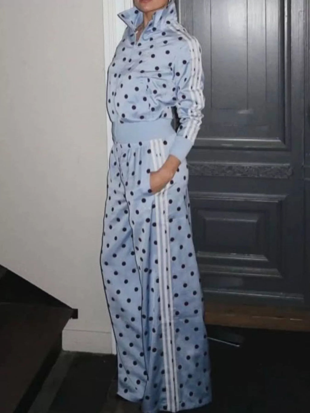 Polka Dot Side Striped Outerwear and Pants Set - Lilixa.store