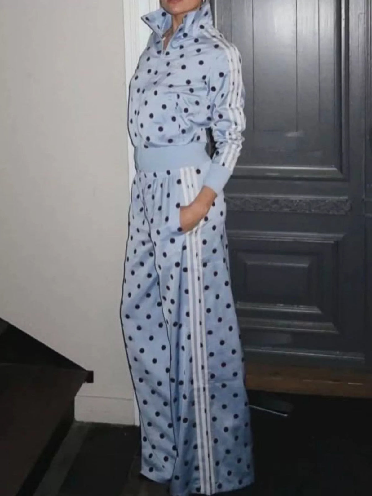 Polka Dot Side Striped Outerwear and Pants Set - Lilixa.store