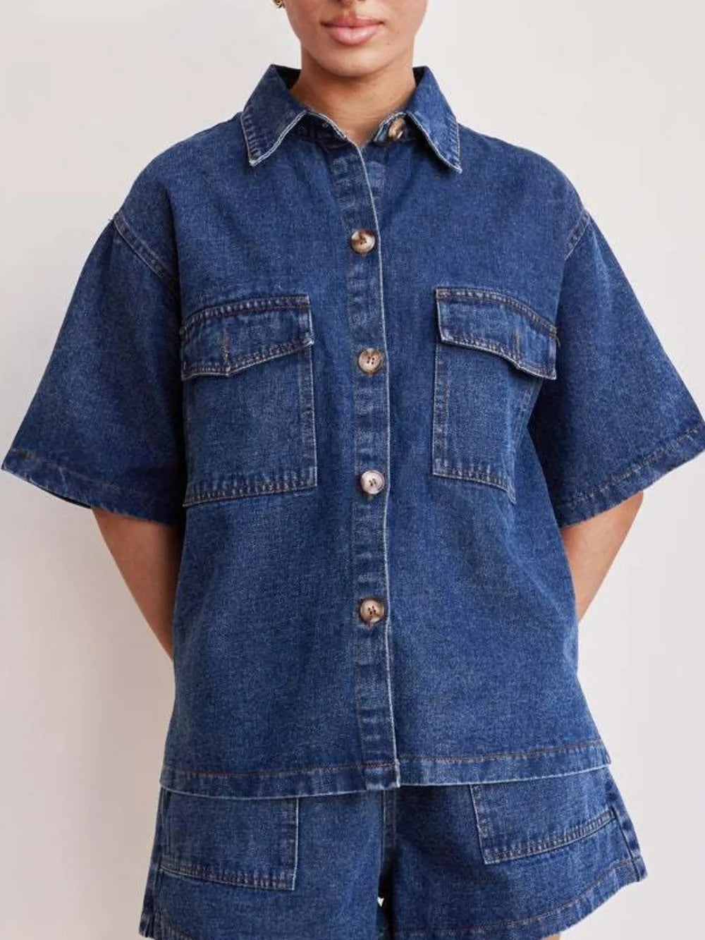 Button Up Half Sleeve Denim Shirt - Lilixa.store