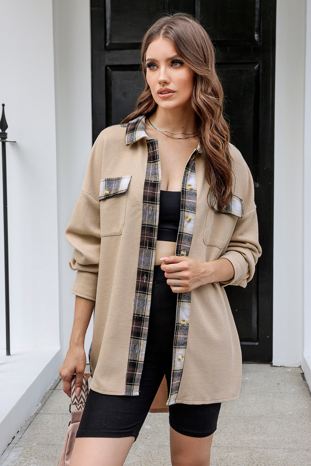 Plaid Button Down Collared Jacket in Sand