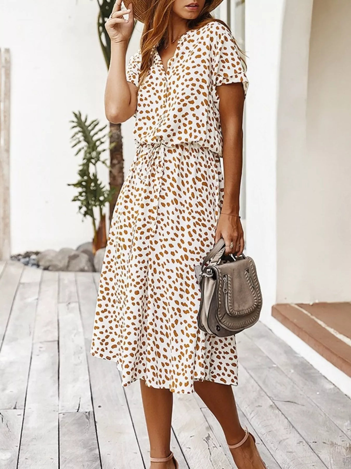 Animal Print Drawstring Waist Midi Dress - Lilixa.store