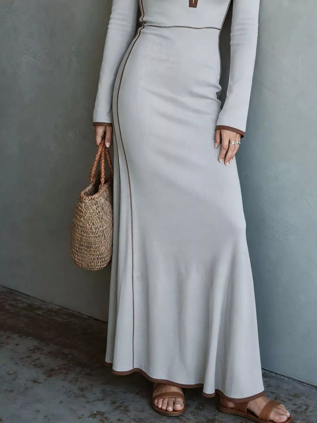 Full Size Contrast Trim Zip-Up Long Sleeve Knit Maxi Dress Plus Size - Lilixa.store
