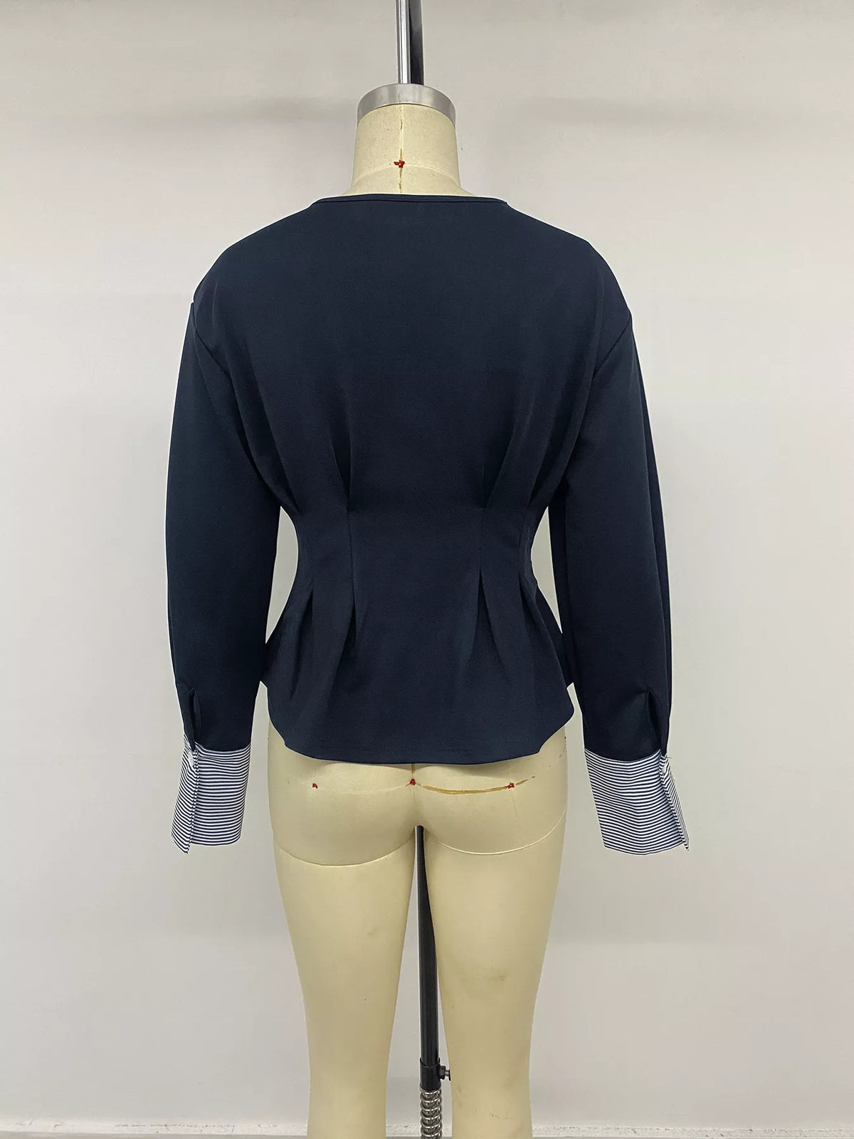 Round Neck Peplum Top with Striped Cuffs in Dark Blue, view 13