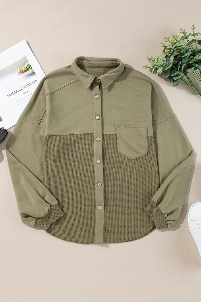 Waffle-Knit Collared Neck Long Sleeve Shacket in Moss