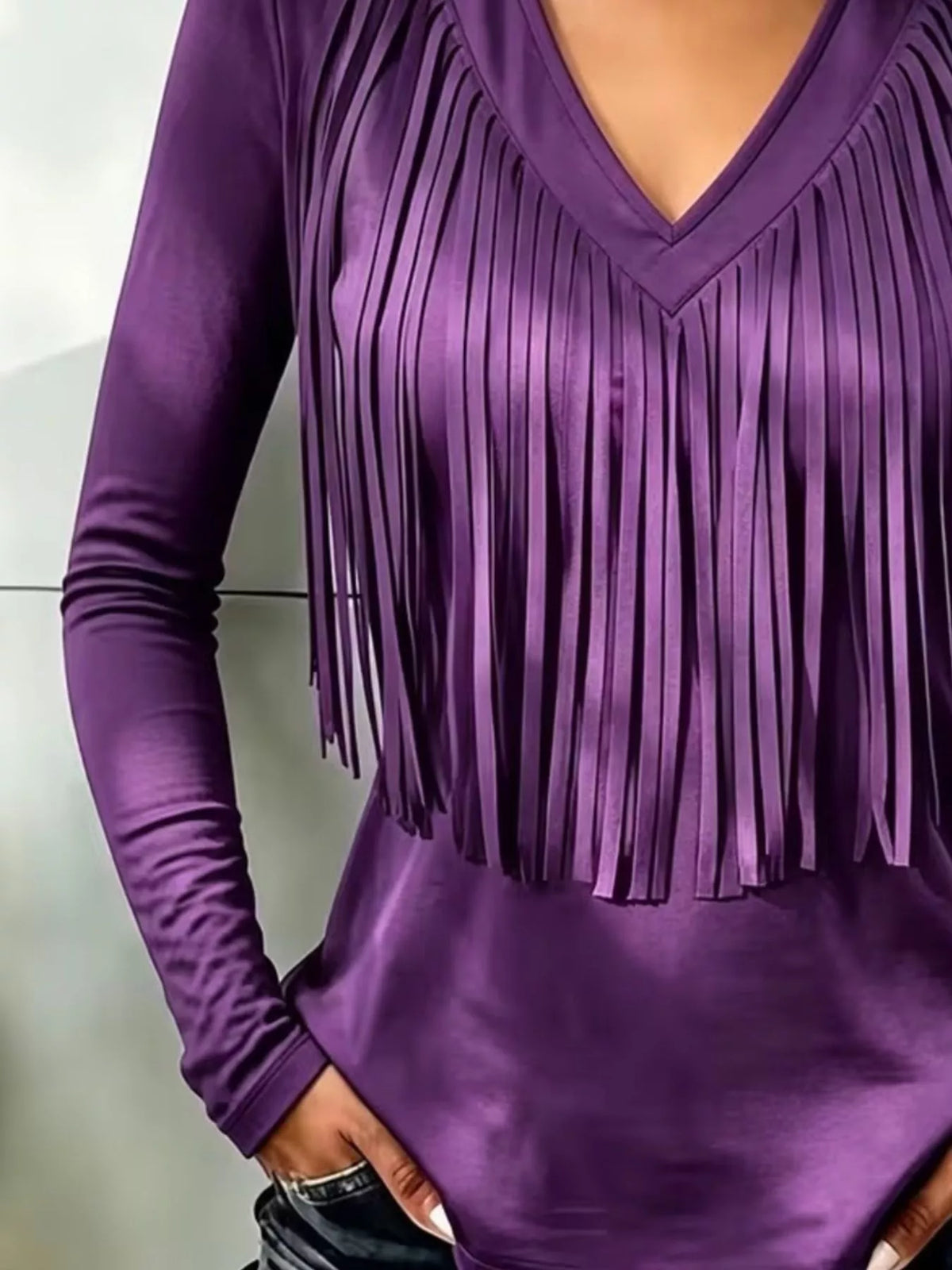 Fringe V-Neck Long Sleeve T-Shirt - Lilixa.store