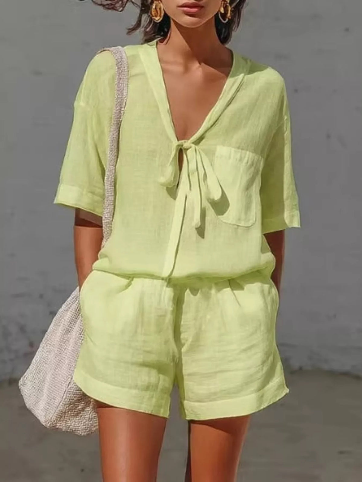 Tie-Front Half Sleeve Shirt and Shorts Set in Green