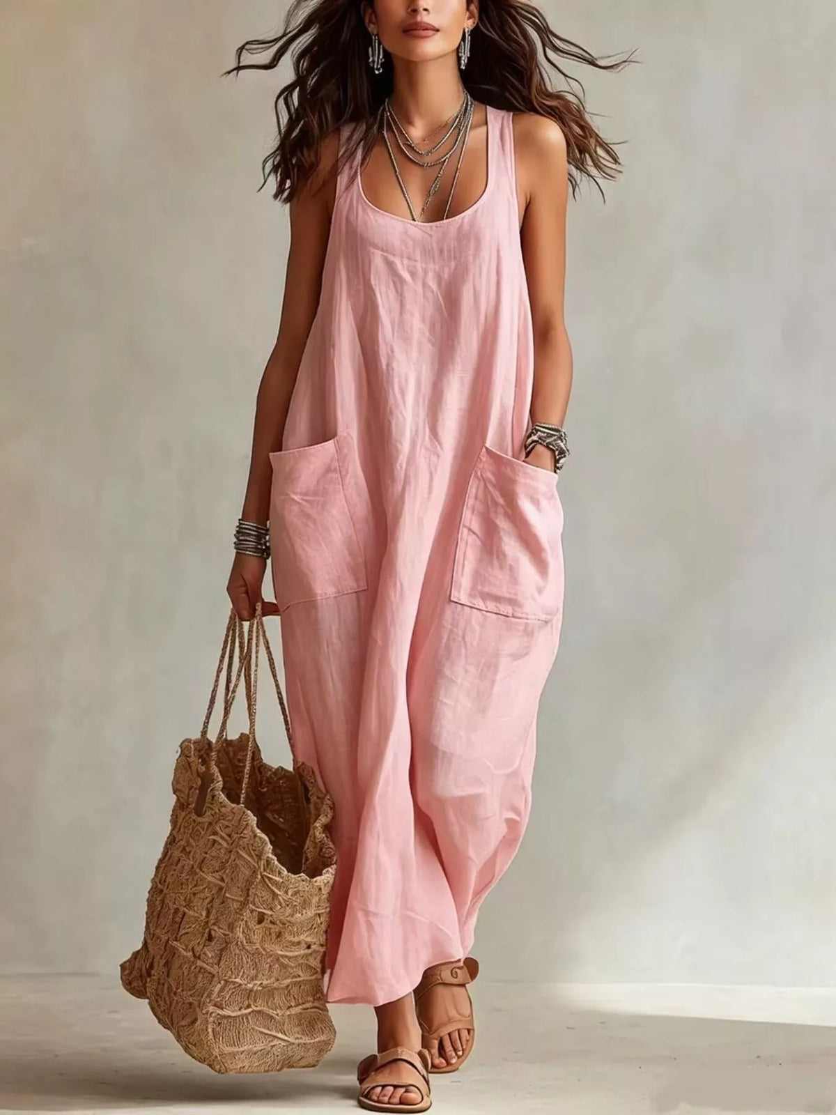 Scoop Neck Sleeveless Maxi Dress with Pockets in Pink