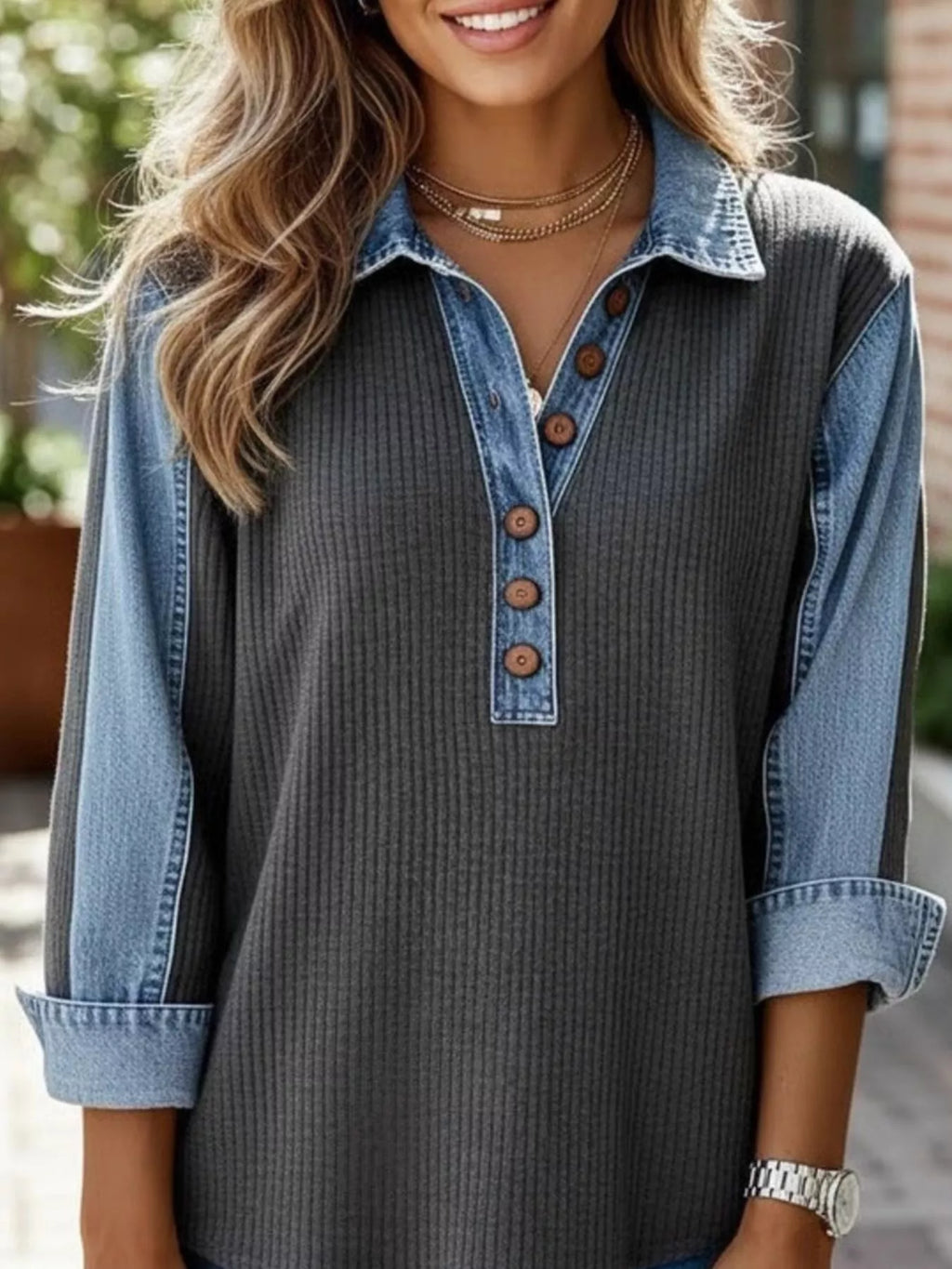 Denim Trim Button Detail Sweatshirt - Lilixa.store