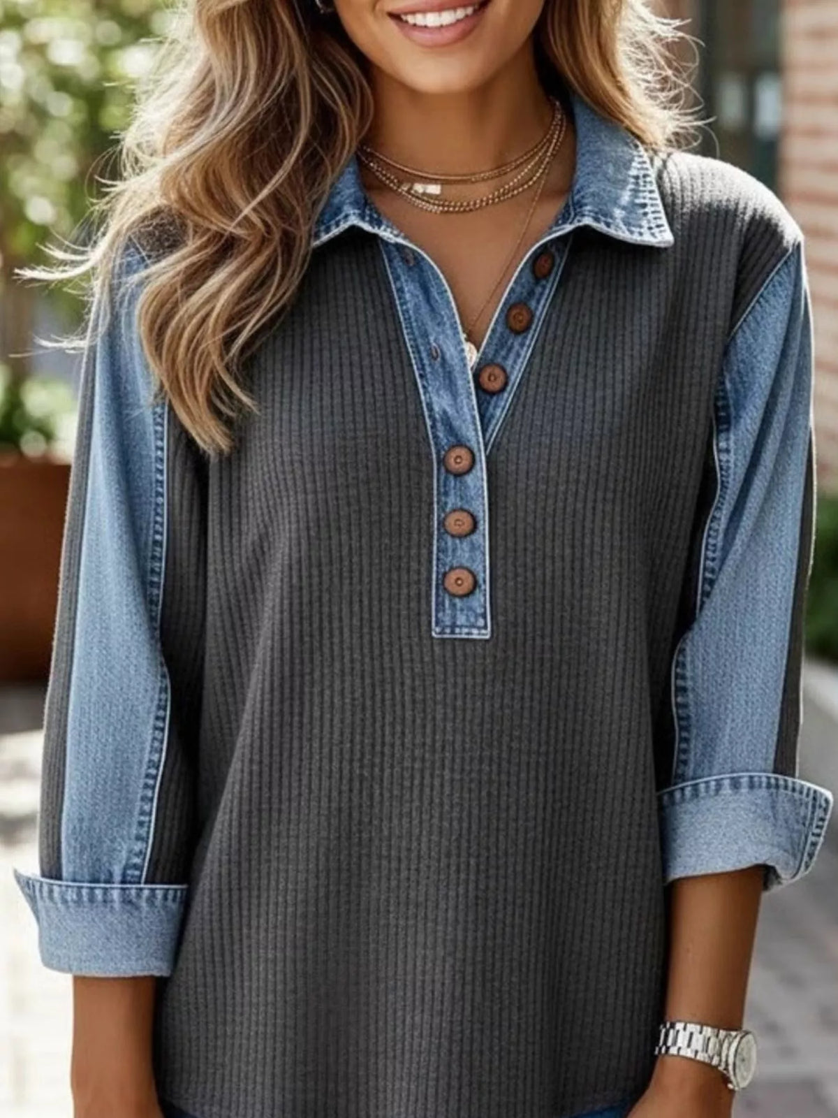 Denim Trim Button Detail Sweatshirt - Lilixa.store