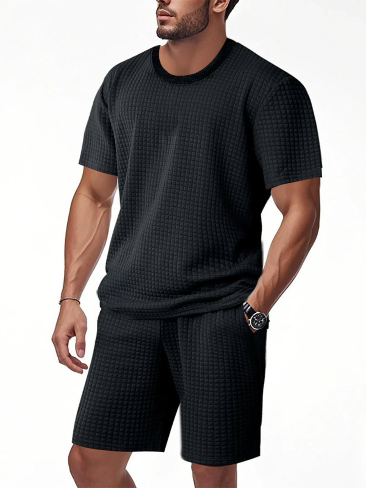 Men's Full Size Textured Round Neck Top and Shorts Set Plus SIze in Black
