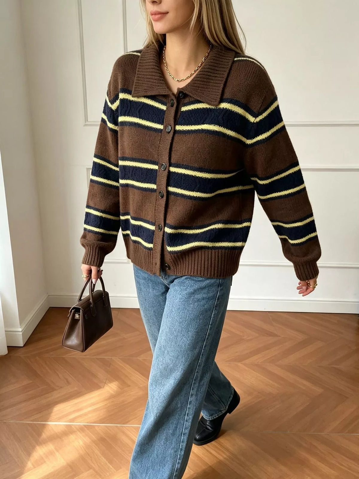 Vintage-Inspired Striped Knit Cardigan with Polo Collar, view 7