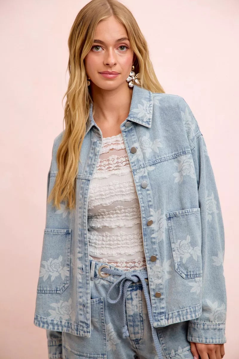 BiBi Printed Washed Denim Jacket With Pocket, view 5