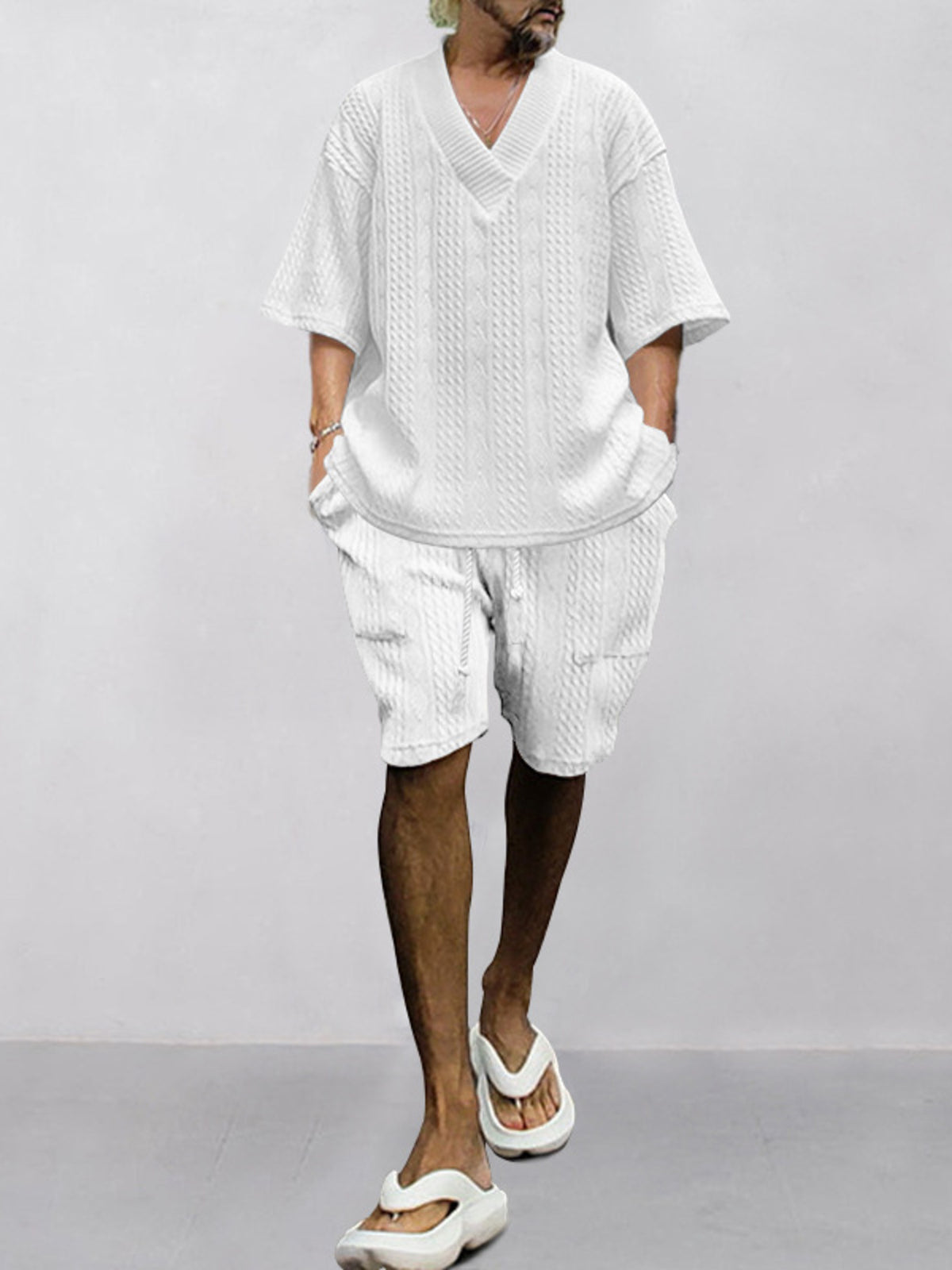 Men's Full Size Casual Knit V-Neck Short Sleeve Top and Shorts Set Plus Size - Lilixa.store