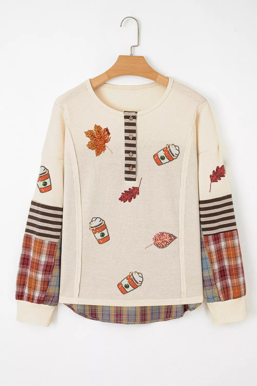 Sequin Autumn Leaf & Coffee Cup Waffle Knit Top in Beige, view 5