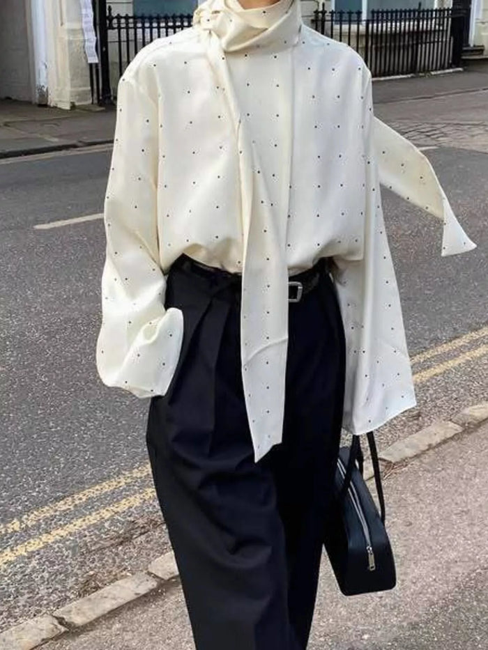 Polka Dot Silk Blouse with Scarf Neck Tie in White