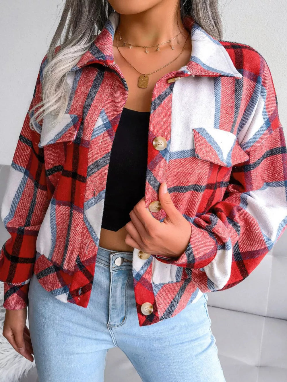 Plaid Collared Neck Drop Shoulder Jacket in Deep Red