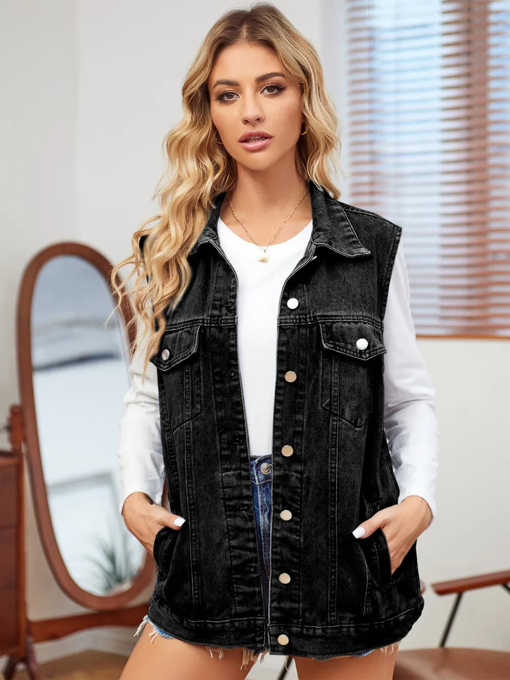 Pocketed Button Up Sleeveless Denim Jacket in Black