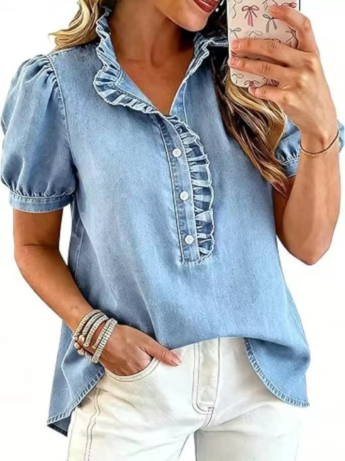 Frill Puff Sleeve Denim Top - Lilixa.store